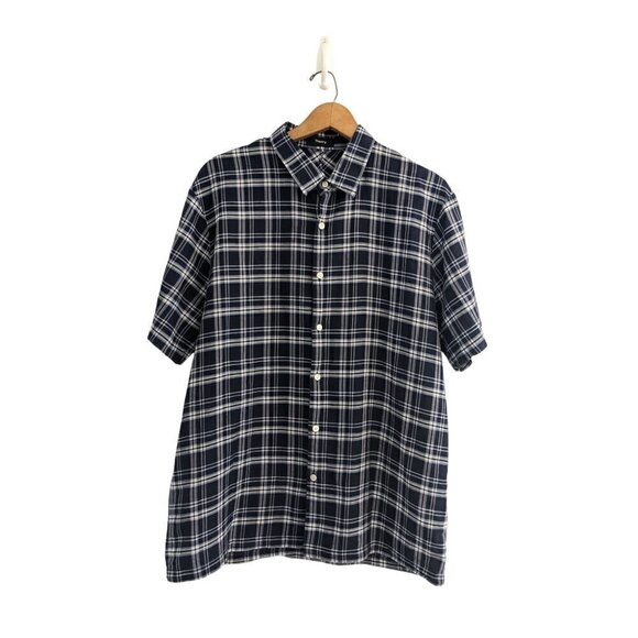 Theory Neo Woven Linen Short Sleeve Plaid Checkered Shirt Size L - Picture 1 of 6